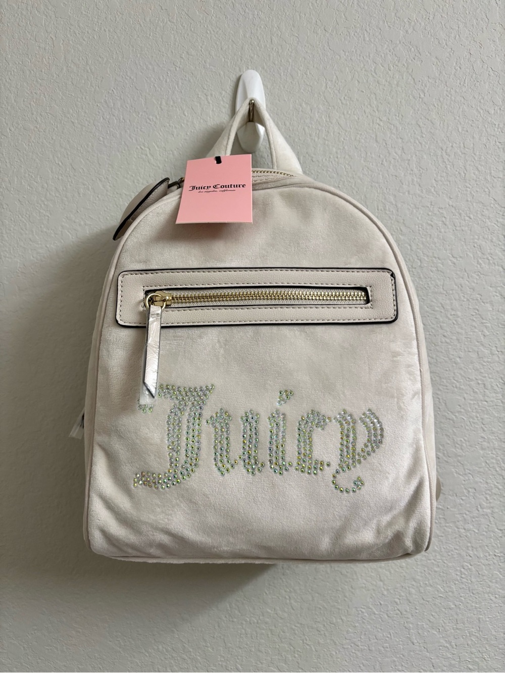 Juicy Couture Y2K McBling Ivory Cream Velour Mini Backpack with Rhinestones NWT